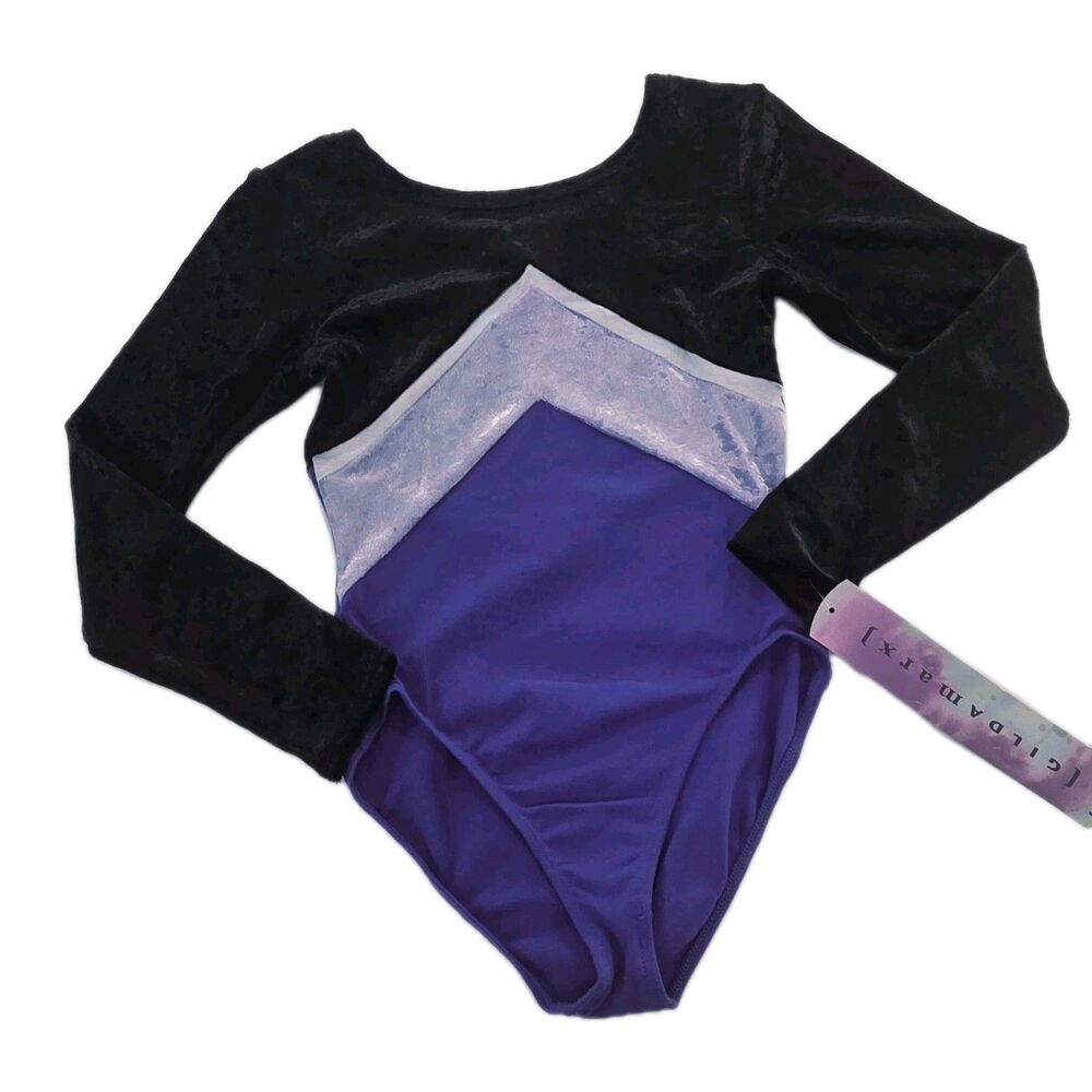 Gilda Marx VTG Velvet Cotton LS Colorblock V-shape Leotard Adult XS (Y/J) Purple